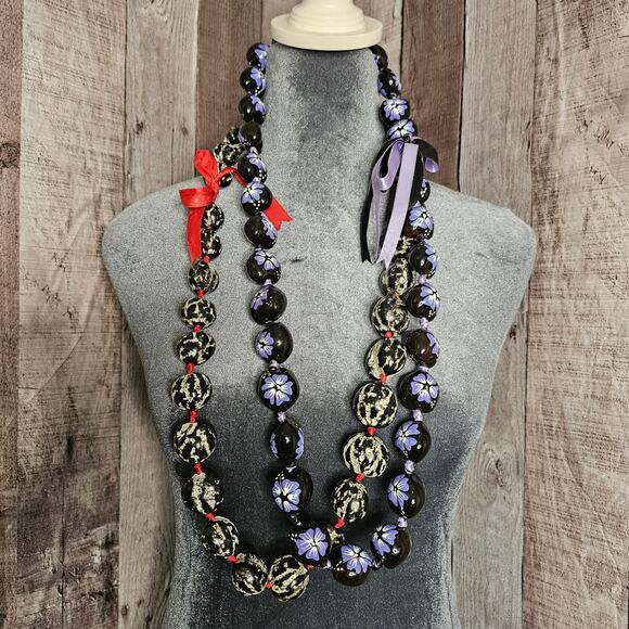 Hawaiian Kukui Nut Lei Necklace Flower Red Purple Aloha Luau Gift Bundle Lot - Picture 1 of 5